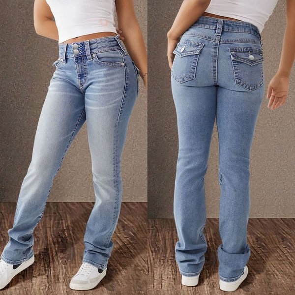Women's Clothing Spring Double Button Mid Waist Straight Jeans Slim Temperament Trousers