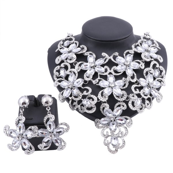 Women Accessories Wedding Bridal Silver Color Statement Crystal Flower Pendant Necklace Earring Party Jewelry Set-image