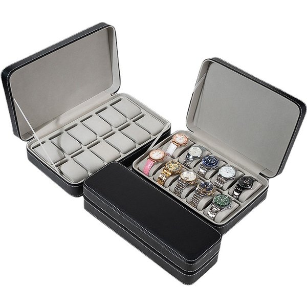 Black Blue Gray Portable 6 Bit 10 Bit 12U Leather Zipper Bag Watch Box Flip Cover Jewelry Storage Box-image