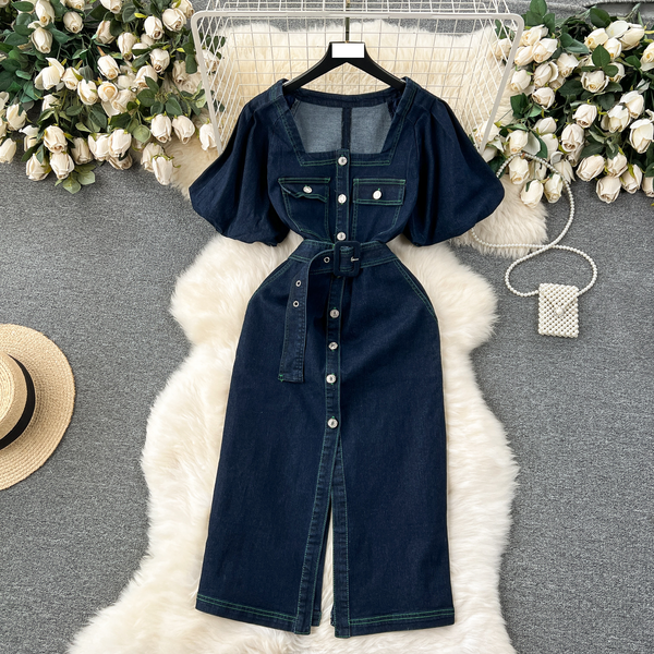 Women's Age-Reducing Design, Exposed Line Buttoned, Slim-Fitting, Mid-Length, Split Denim Dress For Women-image