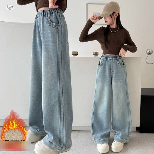 "Girls' Fleece-Lined Jeans – Light Blue, Wide Leg, Patchwork Design (120-170cm, 3-12Y)"