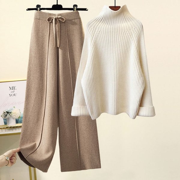 Korean Oversized Knit Set – Chunky Cable Sweater & Flowy Wide-Leg Pants, High Neck Winter Lounge Outfit (Beige/White/Gray, S-XXXXL)