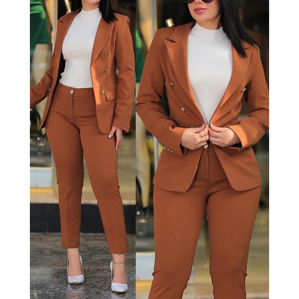 Women's Elegant Solid Color Split-Sleeve Lapel Suit With Pockets And Straight-Leg Trousers For Commuting-image