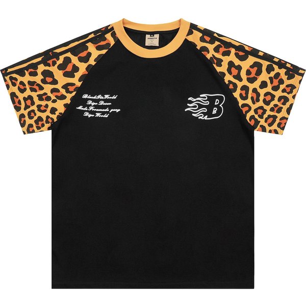 Men's Clothing 2025 Summer New Leopard Print Splicing Raglan Sleeve Short Sleeve T-shirt Men And Women Loose Couple Half Sleeve T-shirt