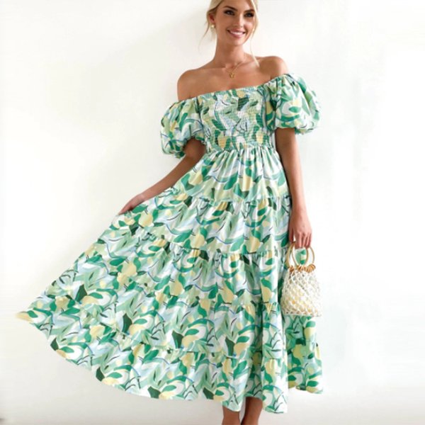 Women's Bohemian Print One-Shoulder Vacation Style Sexy Loose Dress-image