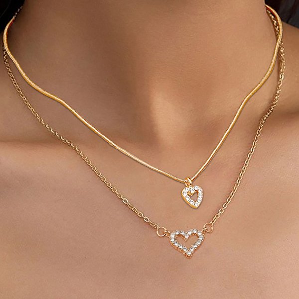 New Diamond Stacking Double Layer Love Clavicle Chain Creative Snake Bone Chain Peach Heart Pendant Necklace For Women-image