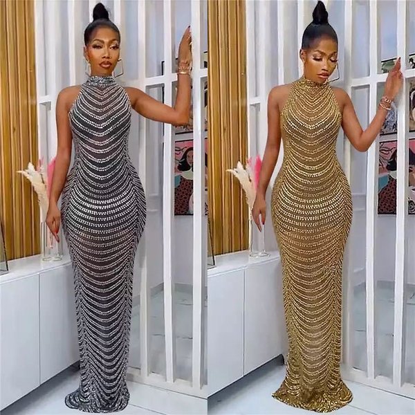 Women's new spring elegant elegant hot diamond banquet temperament long dress INS