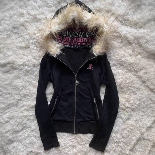 Women's Clothing Hooded Sweatshirt Fur Collar Design Top Aesthetic Zip-Up Hoodie With Faux Fur Trim & Graphic Print - Streetwear Pullover For Women