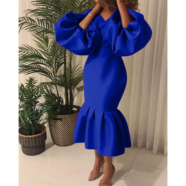 Women's Fashion Solid Color V-neck Bubble Long-sleeved Mermaid Skirt Dress