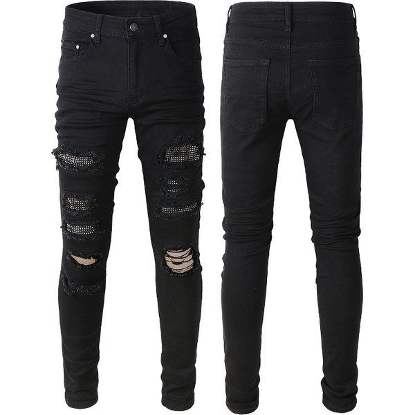 VêTements Pour Hommes, Jeans DéChiréS De Style AméRicain, Pantalons De Marque Tendance Pour Hommes, Pantalons Slim Noirs CloutéS De Diamants Pour Hommes 565-image