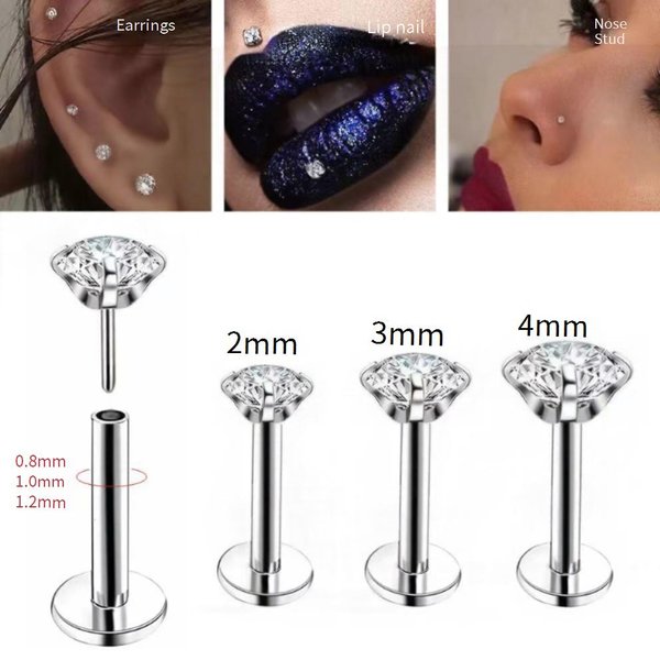 Women Gemstone Jewelry Fashion Jewelry Women's Inner Rod Lip Nose Ear Studs Stainless Steel Four Claw Zircon Piercing Jewelry