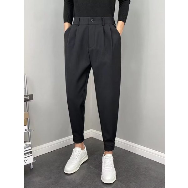 Men's Clothing Spring And Autumn Drapey Skinny Trousers Trendy Slim Fit Nine Point Casual Trousers Solid Color All Match Straight Suit Trousers