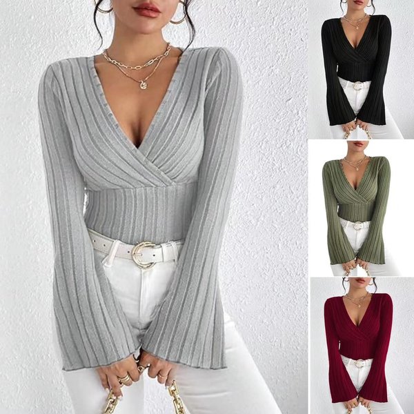 Women's Clothing Autumn And Winter Ribbed Pit V Neck Slim Long Sleeved T Shirt Women's Top-image