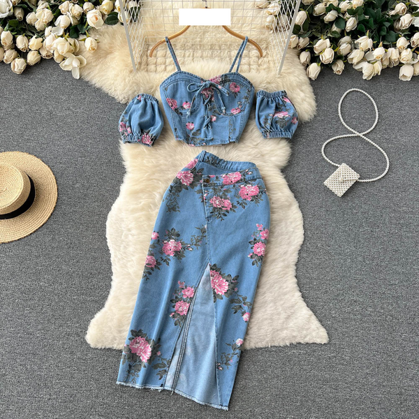 Women's fashion outside wear high-waisted split skirt two-piece set