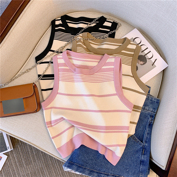 Women's Clothing Ice Silk Camisole Vest For Women In Summer Thin Outer Wear Sleeveless T Shirt Top Short Versatile Layered Knitted Bottoming Shirt-image