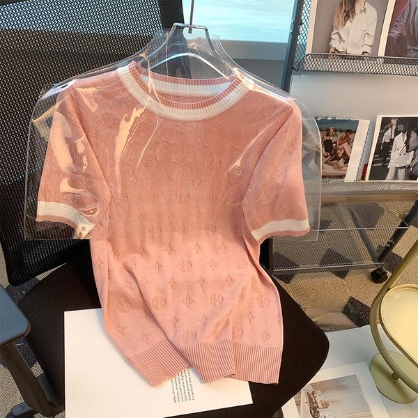 Women's Clothing Women's Round Neck Color Block Loose Fit Viscose T-Shirt Summer Fashion Breathable Jacquard Knit Top
