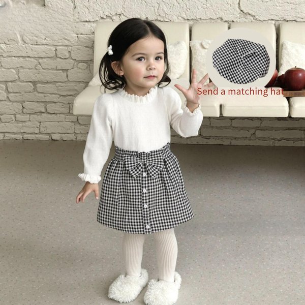 Girls 3-Piece Outfit Set – Long Sleeve Top, Plaid Skirt & Detachable Hat – Cute & Stylish Fall Winter Spring Collection (80-120Cm, Ages 1-6)-image