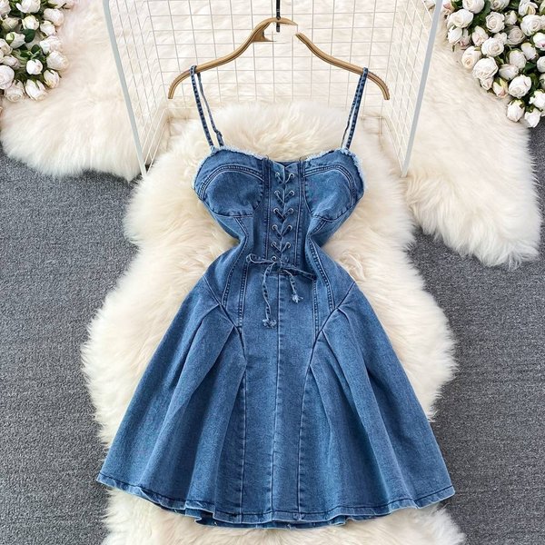 New Style Strap Waist Slimming Backless Sleeveless Sexy Sweet And Spicy Denim Suspenders A-Line Dress For Women-image