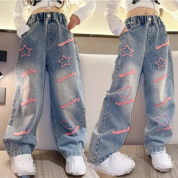 Mother&Kids Girls jeans Straight leg wide leg jeans Girls fashion embroidered jeans
