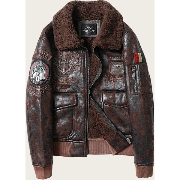 Men's Aviator Style Pu Leather Jacket With Embroidered Patches, Fleece-Lined Biker Coat For Winter (Black, Brown, Vintage Brown)-image