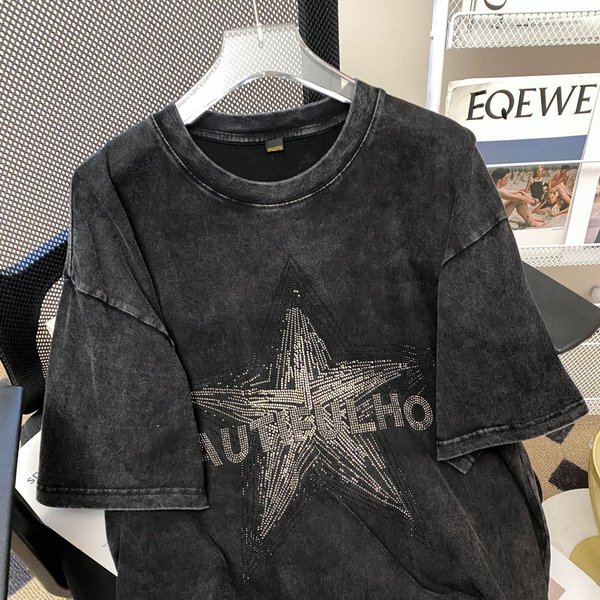 Women's Clothing Five Pointed Star Hot Diamond Pure Cotton Short Sleeved T Shirt Female Summer New Loose Top-image