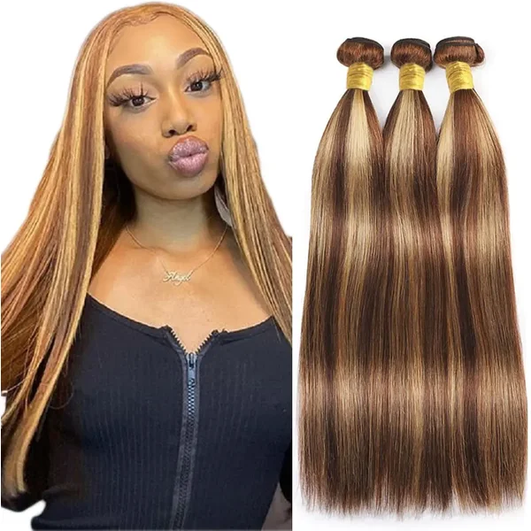 4/27 Highlight Straight Bundles Human Hair 3 Bundles 100% Unprocessed Brazilian Virgin Hair Extension For Women Double Weft Hair