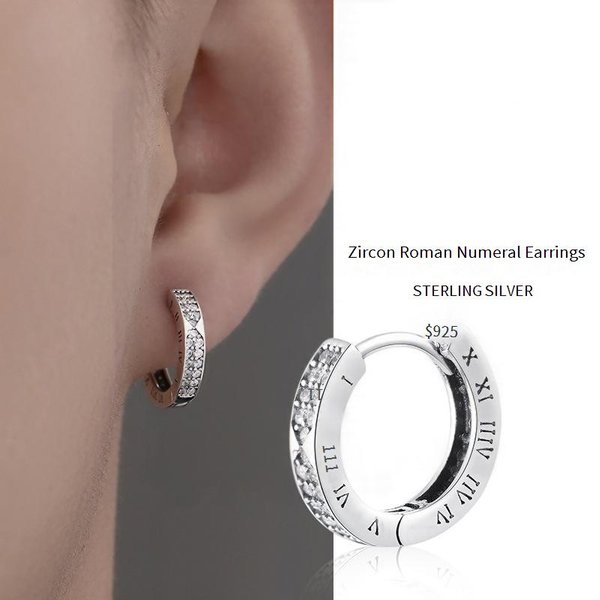 925 Silver-Plated Roman Numeral Hoop Earrings With Zircon – Minimalist Unisex Earrings For Men & Women, Lightweight & Hypoallergenic-image