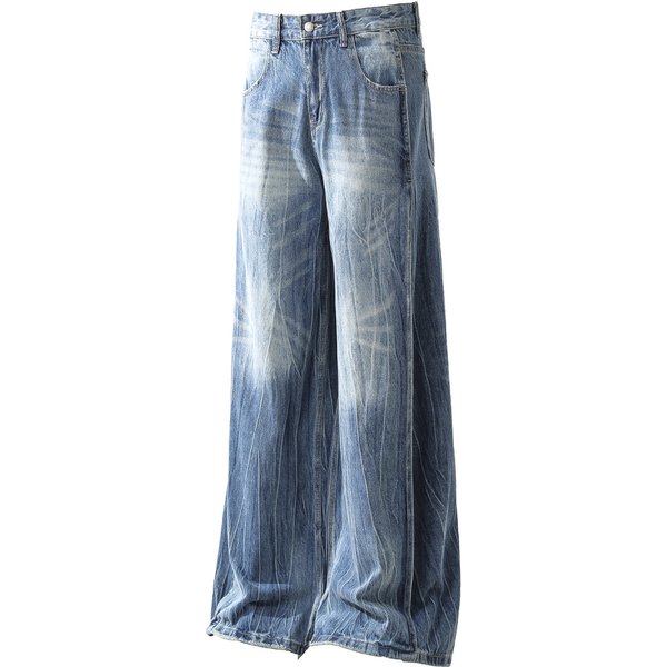 Men's Clothing New Retro Washed Sprayed Monkey Flared Jeans Men And Women Loose Straight Pants-image