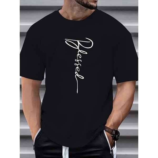 100% Pure Cotton Men's Spring And Autumn Fashion Short Sleeved Blessed Print Casual Slim Fit Versatile Top-image