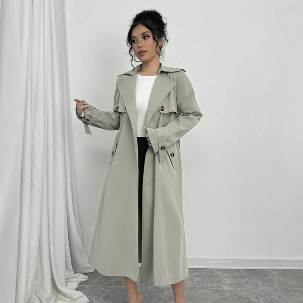 Norns Girl Women's Long Trench Coat – Korean-Inspired British Style Belted Overcoat With Stand Collar (Light Green, S-XL)-image