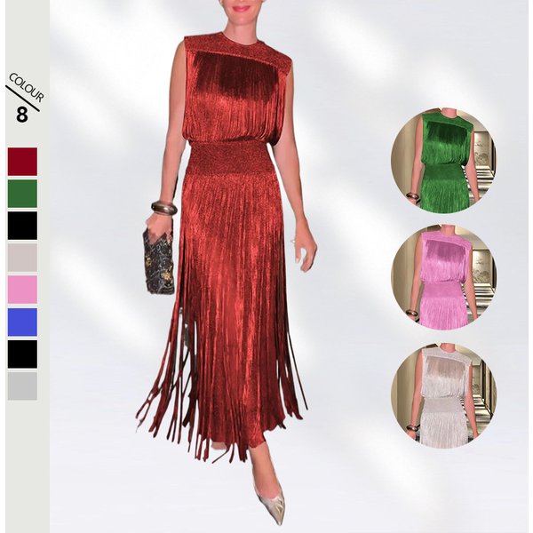 Women's Clothing Summer New Solid Color Sexy Elegant Tassel Dress Party Sleeveless Dress Two Piece Suit-image