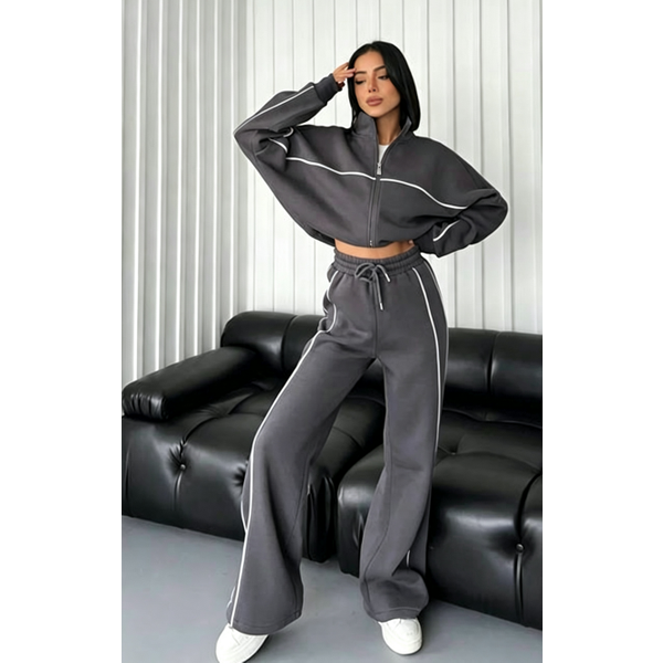 Women's Clothing Long Sleeve High Neck Sweater & Drawstring Stripe Pants Set – Casual Streetwear Two-Piece Outfit-image