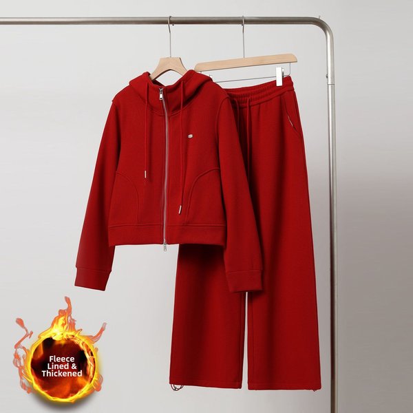 Women's Versatile Winter Tracksuit Set Red Fleece Lined Sweatshirt Wide Leg Pants Two Piece Outfit for New Year's