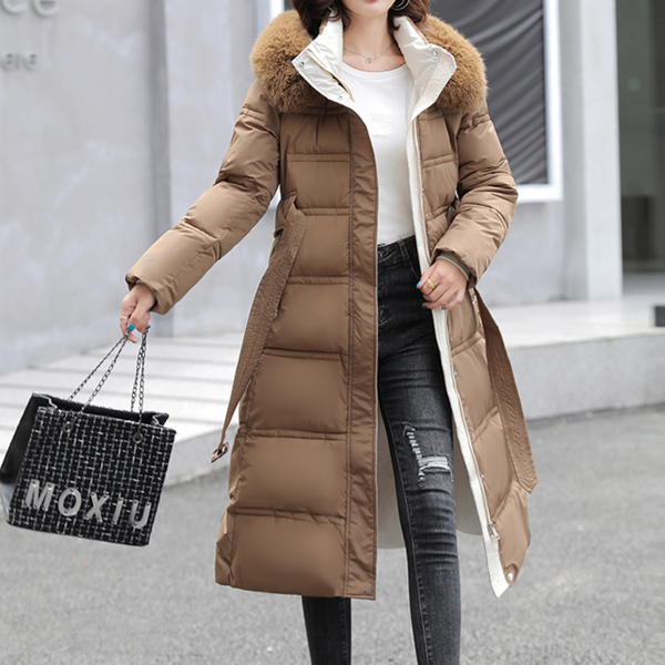 Women's long over the knee big hair collar Korean version slimming belt cotton-padded jacket
