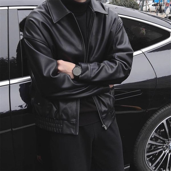 Men's Black PU Leather Jacket Retro Workwear Style Zip-Up Stand Collar Casual Outerwear Coat