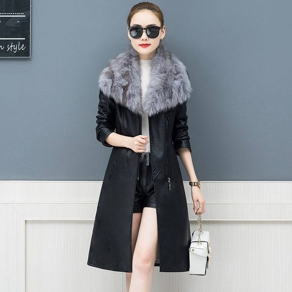 Women's Clothing Large Fur Collar Leather Jacket Winter Leather Coat Women's Mid Length Slim Fit Slim Waist