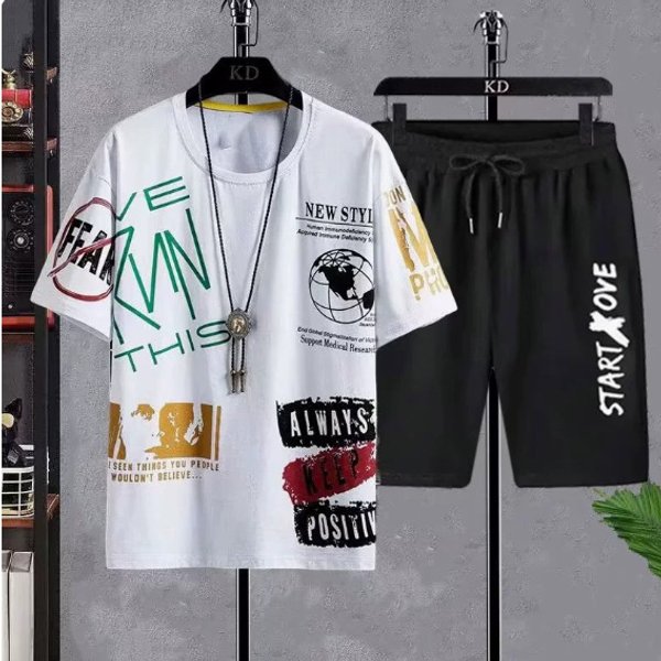 Teen Short Sleeve T-Shirt Set For Boys Round Neck Printed Sports Top With Matching Pants Junior High And Senior High School Students