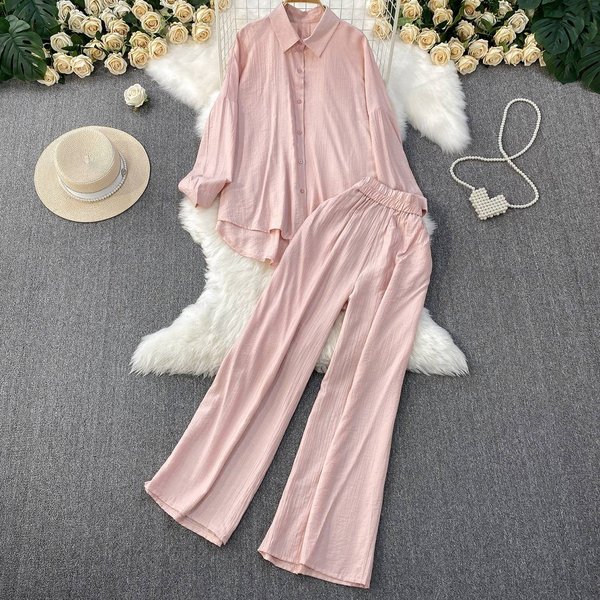 Luxury Linen-Blend Relaxed Fit Shirt & Wide-Leg Pants Set – Breathable Rayon For Summer Elegance (Pink/Mint/Black/Violet/Taupe)-image