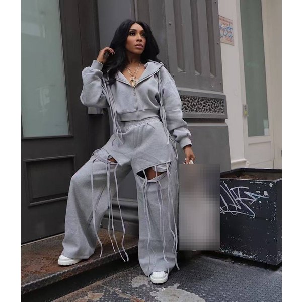 2025 New European And American Women's Fashion Loose Ripped Wide Leg Pants Versatile Personality Hooded Zipper Jacket Set-image