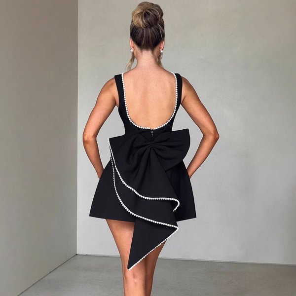 Women's Clothing Summer Pearl Bow Fashion Slim Short Skirt Backless Hot Girl A Line Dress-image