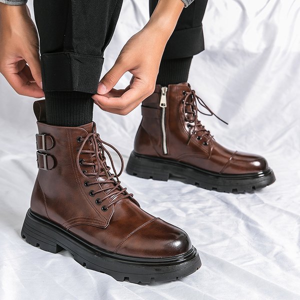 Boots Men's Boots Autumn And Winter New Martin Boots Short Boots British Style Mid-Top Round Head High-Top Leather Boots Men's Shoes Wholesale-image