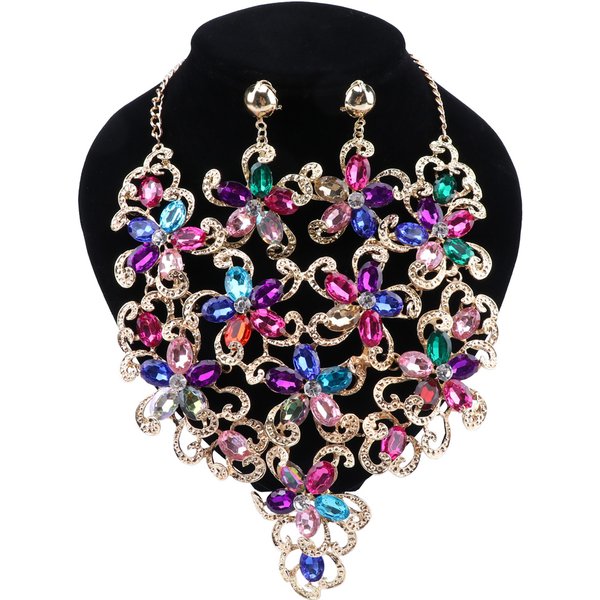 Women Accessories Wedding Bridal Gold Colorful Statement Crystal Flower Pendant Necklace Earring Party Jewelry Set-image