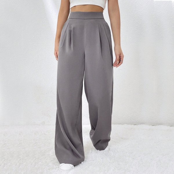 Women's Fashion Elastic Waist Pocket Straight Leg Wide Leg Pants Loose Casual Pants-image