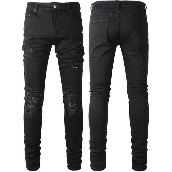 Men's clothing pleated cat whisker patch jeans ripped jeans simple slim fit skinny pants