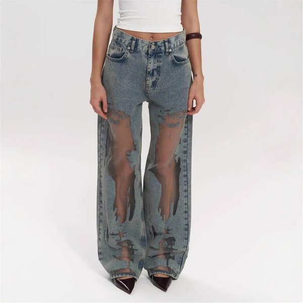 Women's Clothing Retro Straight Pants Hollow Texture Niche Design Gradient Jeans Loose Wide Leg Trousers Ins-image