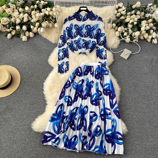 Women's Clothing Temperament two piece suit for women new style mature style high end long sleeved pleated top + high waist pleated skirt