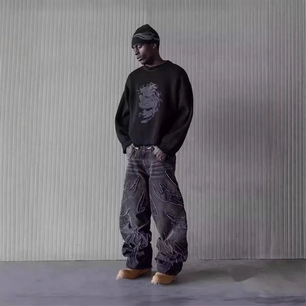 Men's Vintage Bat Embroidery Loose Fit Jeans – American Harajuku Streetwear Relaxed Denim Pants-image