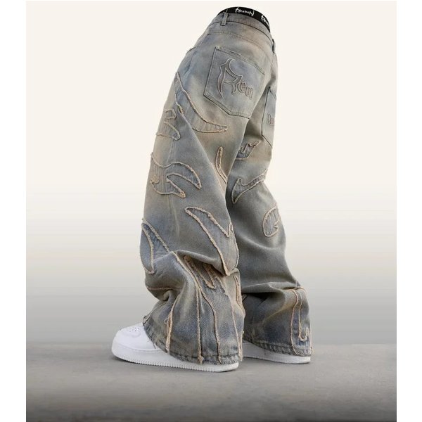 Men's Clothing Retro Flame Stitching Wide Leg Jeans Y2K Hip Hop Punk Raw Edge Embroidery Jeans-image