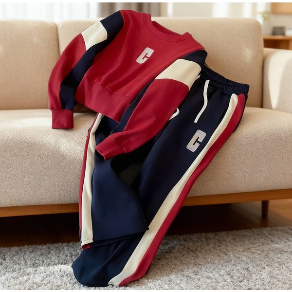 Women's Clothing Color-blocked Letter Element Crew Neck Sweatshirt Set Suitable For Sports And Everyday Wear