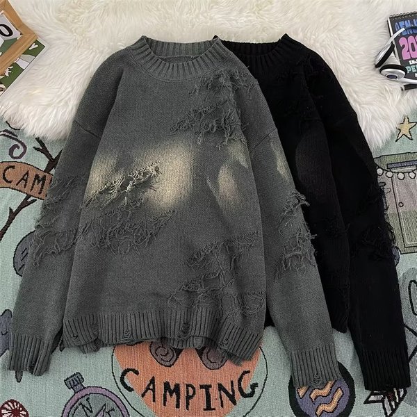 Men's Clothing Autumn and Winter Ripped Sweater Men's Loose Japanese Retro Casual Hem Ribbed Knitted Sweater Sweater Jacket Outerwear